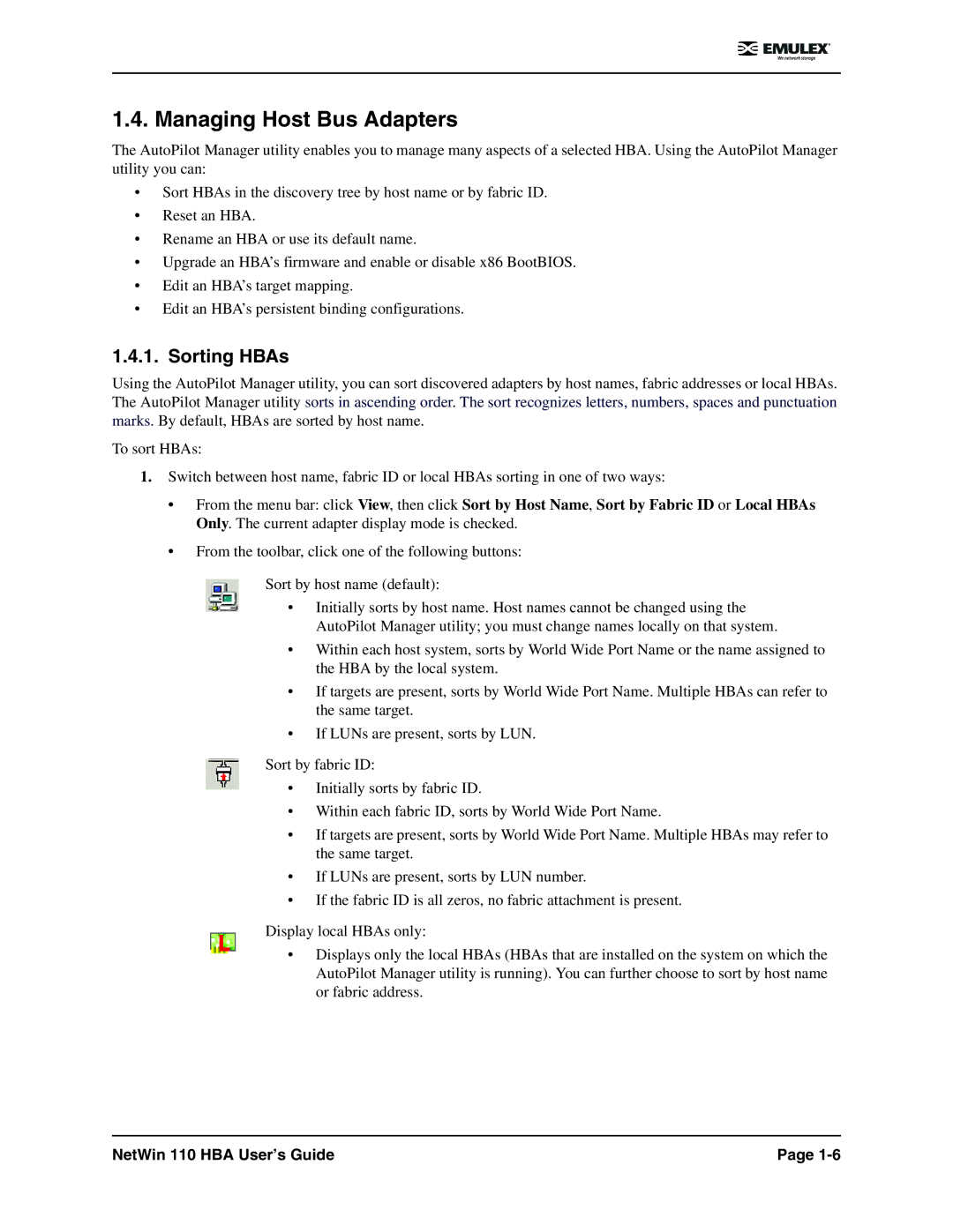 Emulex 110 manual Managing Host Bus Adapters, Sorting HBAs 