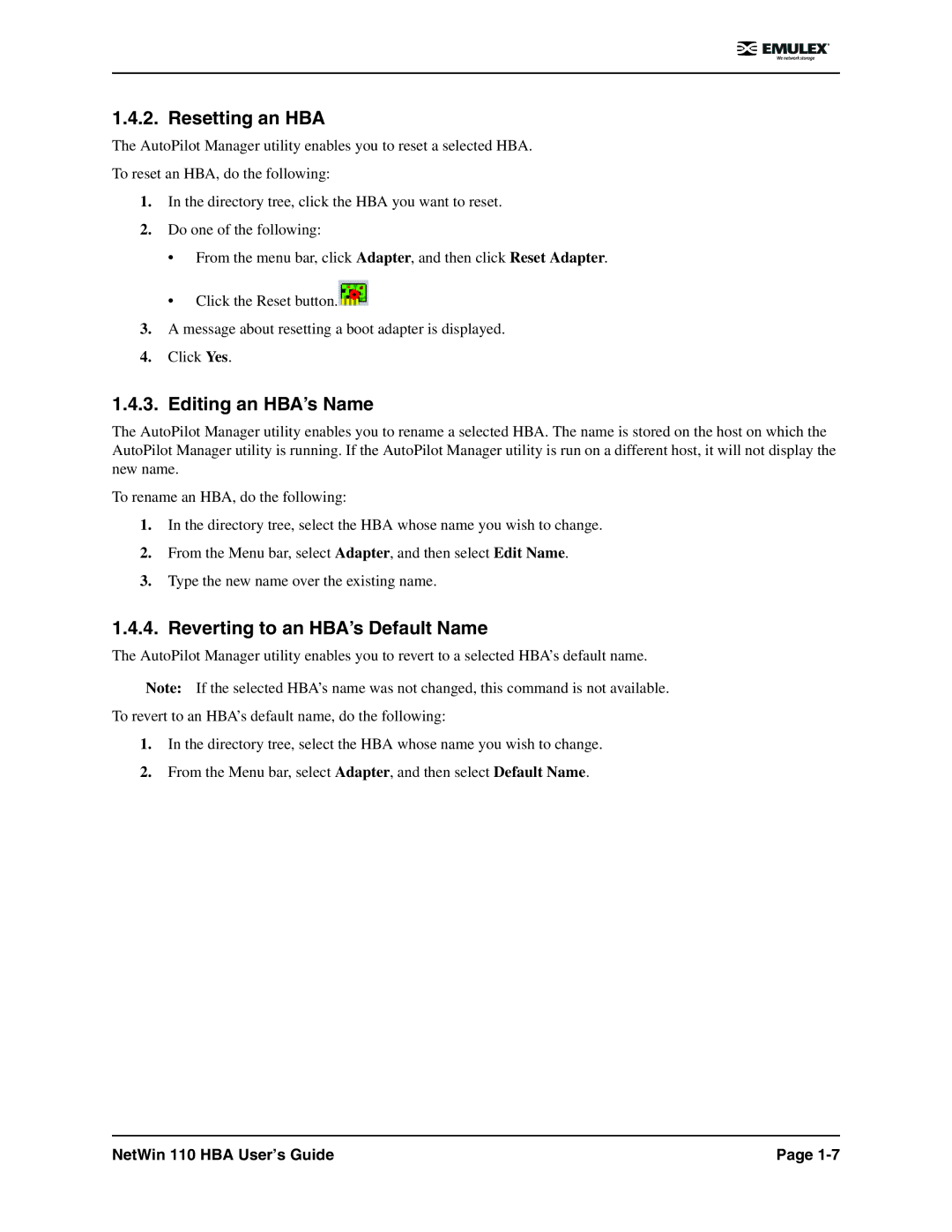 Emulex 110 manual Resetting an HBA, Editing an HBA’s Name, Reverting to an HBA’s Default Name 