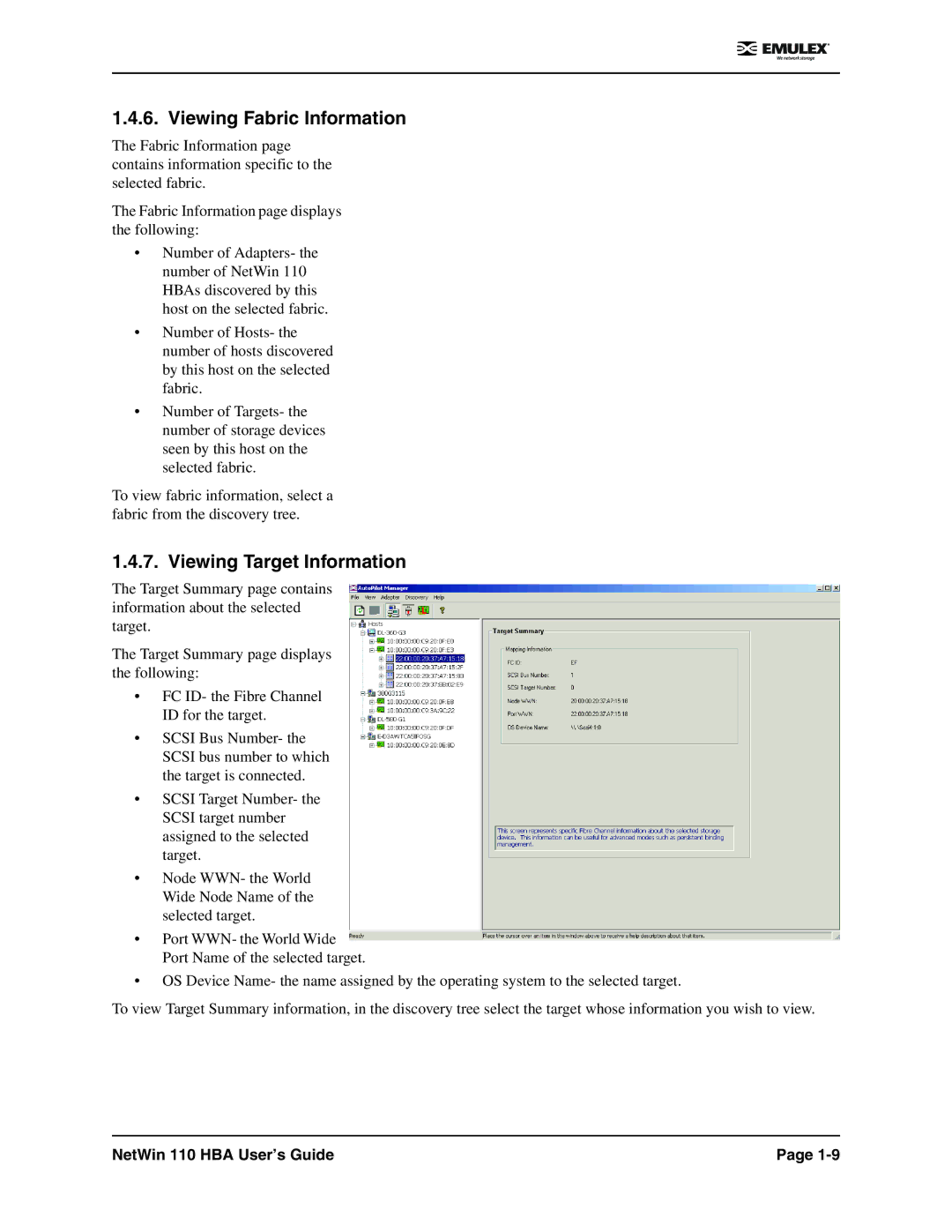 Emulex 110 manual Viewing Fabric Information, Viewing Target Information 