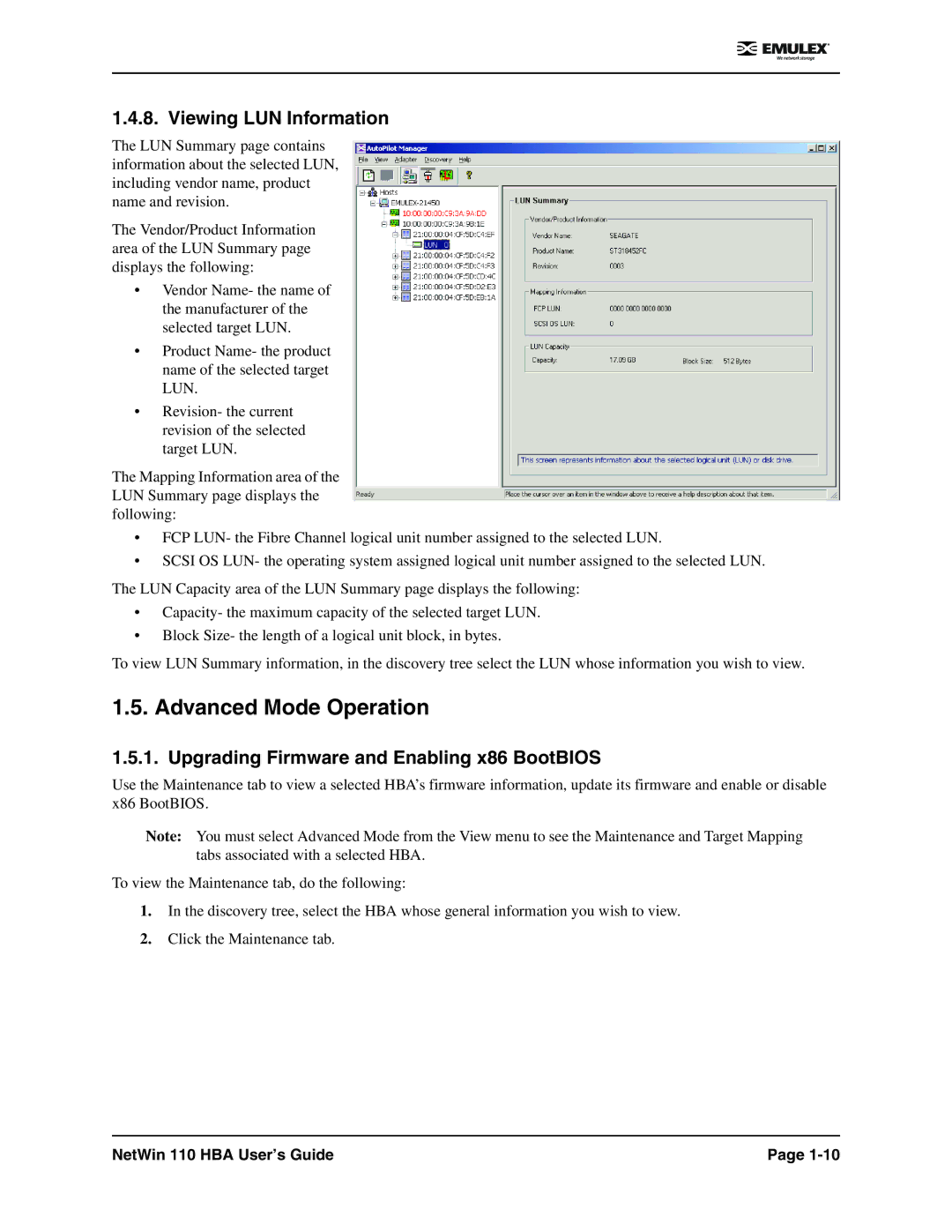 Emulex 110 manual Advanced Mode Operation, Viewing LUN Information, Upgrading Firmware and Enabling x86 BootBIOS 