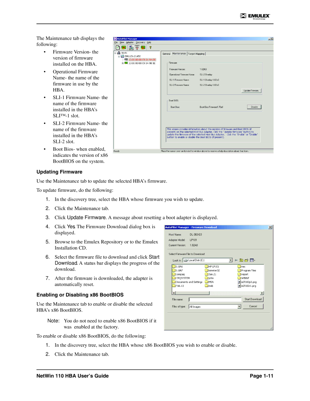 Emulex 110 manual Updating Firmware, Enabling or Disabling x86 BootBIOS 