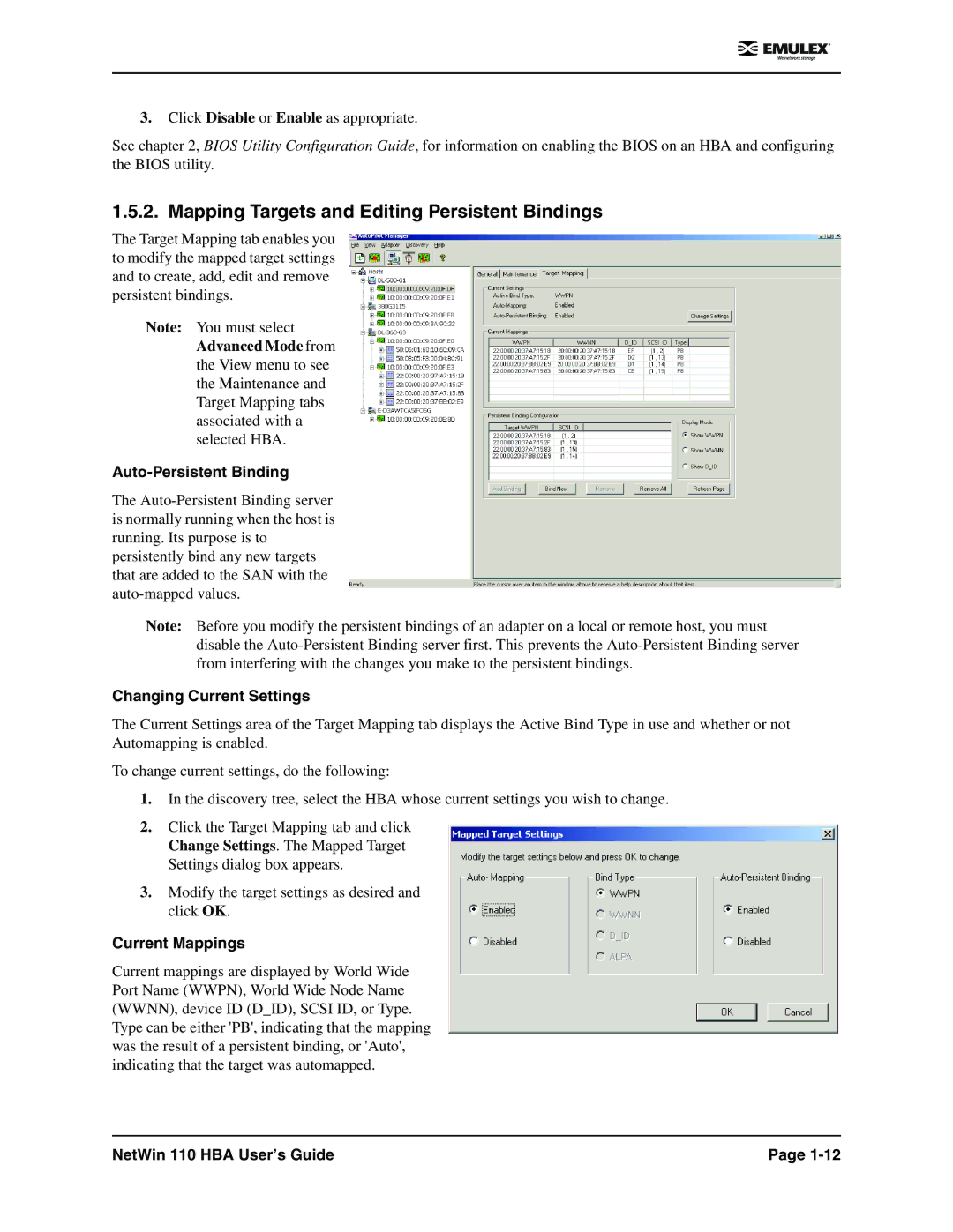 Emulex 110 manual Mapping Targets and Editing Persistent Bindings, Auto-Persistent Binding, Changing Current Settings 