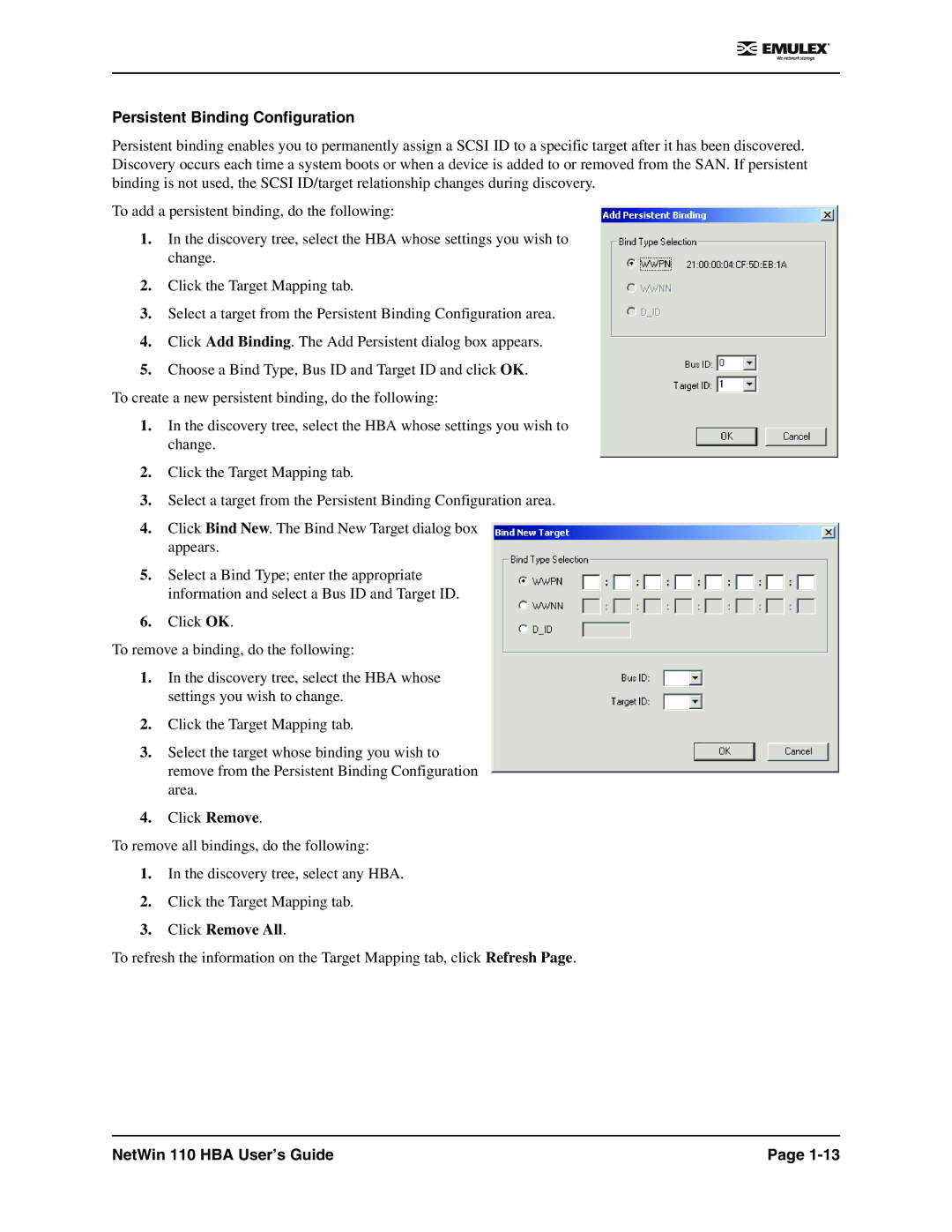 Emulex 110 manual Persistent Binding Configuration 