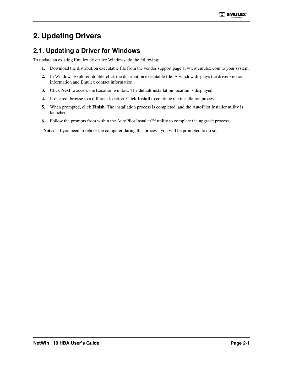 Emulex 110 manual Updating Drivers, Updating a Driver for Windows 