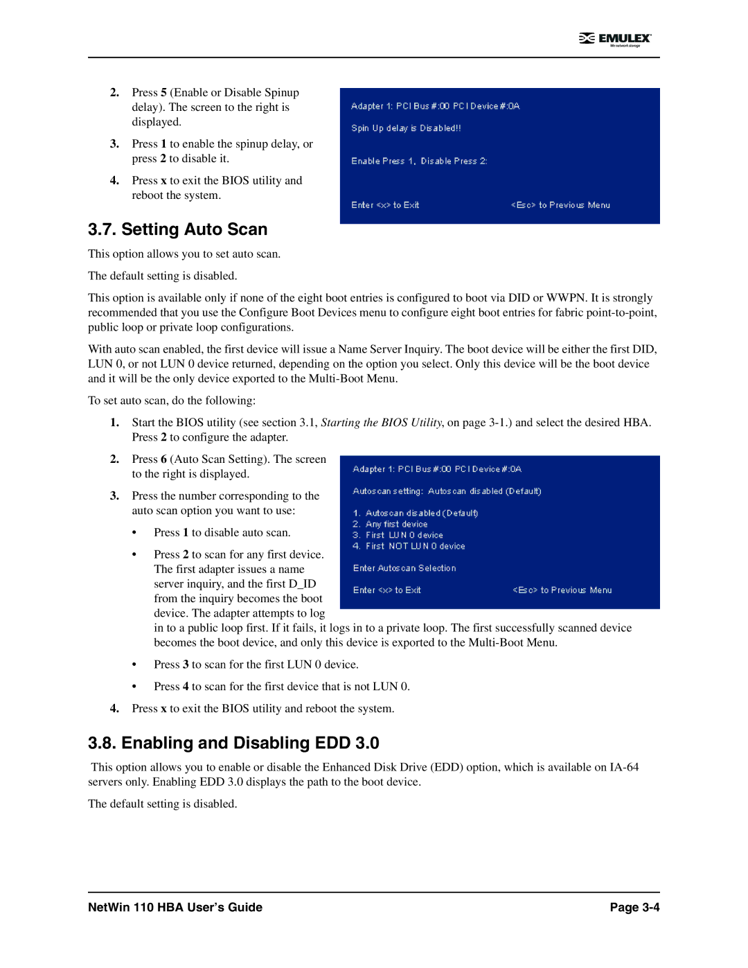 Emulex 110 manual Setting Auto Scan, Enabling and Disabling EDD 