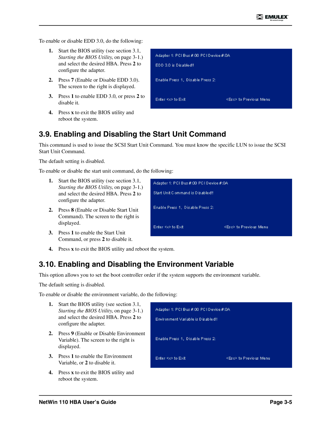 Emulex 110 manual Enabling and Disabling the Start Unit Command, Enabling and Disabling the Environment Variable 