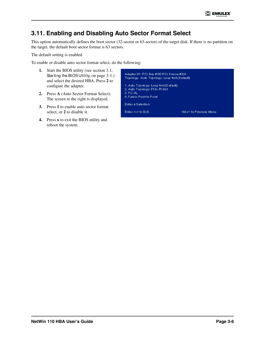 Emulex 110 manual Enabling and Disabling Auto Sector Format Select 