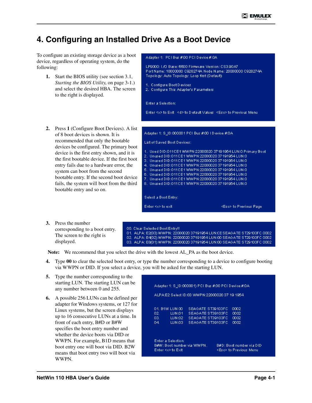 Emulex 110 manual Configuring an Installed Drive As a Boot Device 