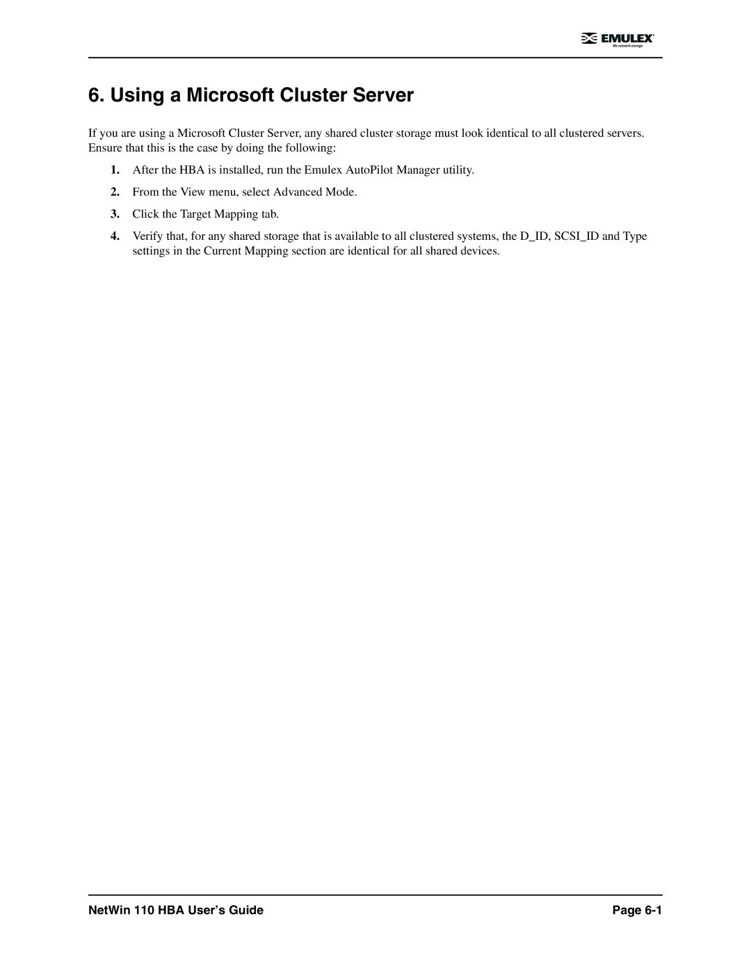 Emulex 110 manual Using a Microsoft Cluster Server 