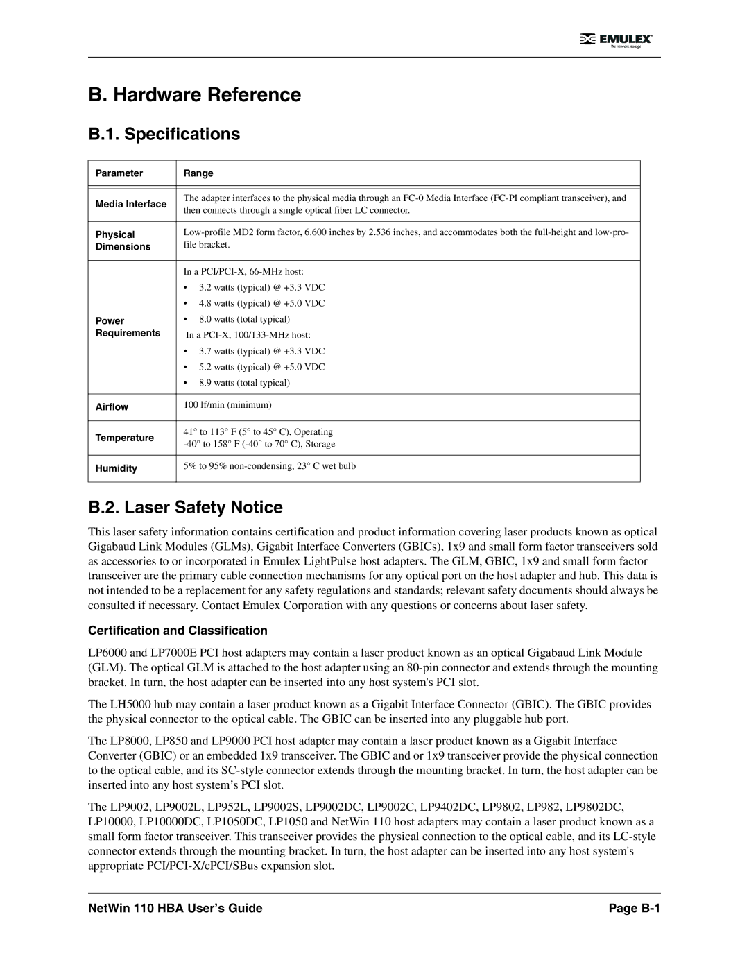 Emulex 110 manual Hardware Reference, Specifications, Laser Safety Notice, Certification and Classification 