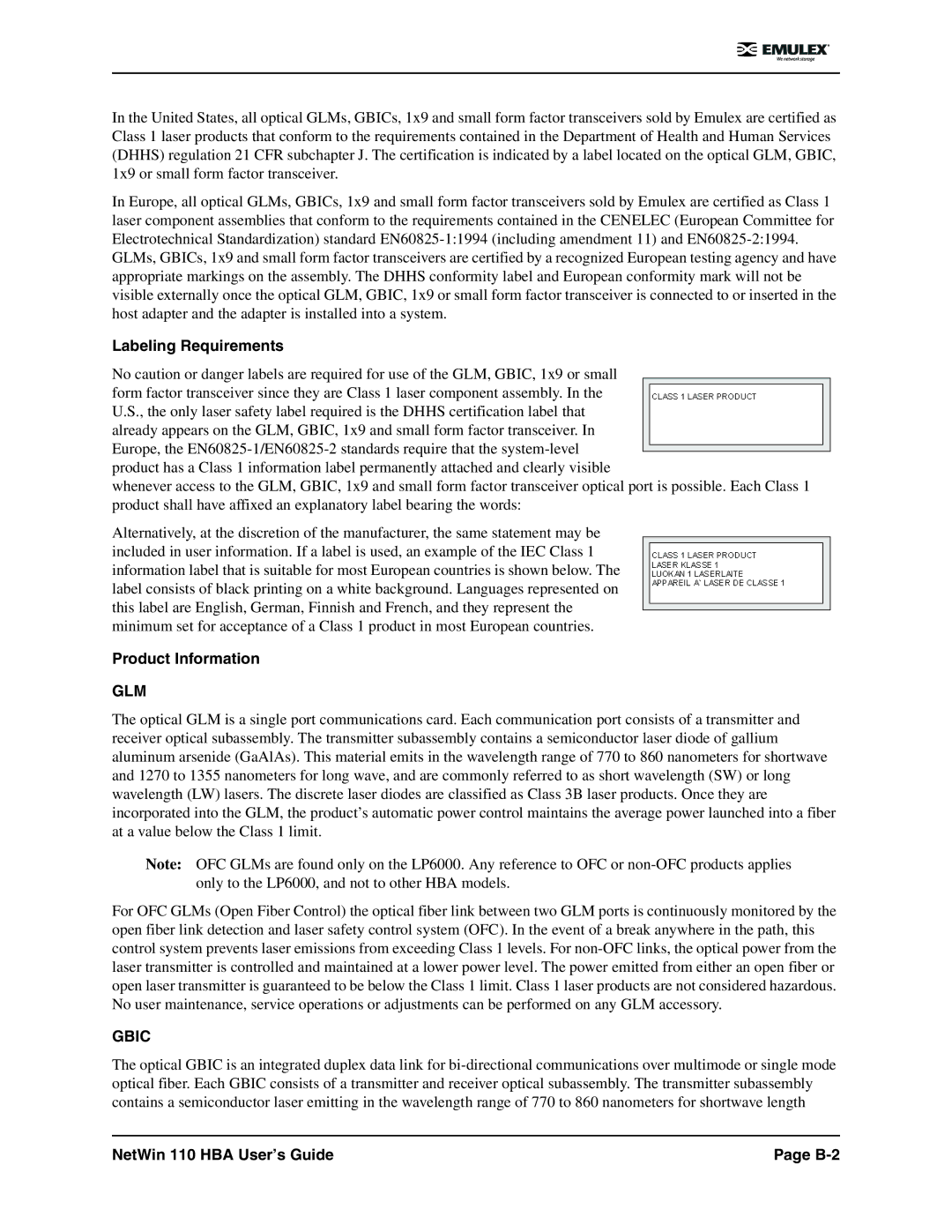 Emulex manual Labeling Requirements, Product Information, NetWin 110 HBA User’s Guide B-2 