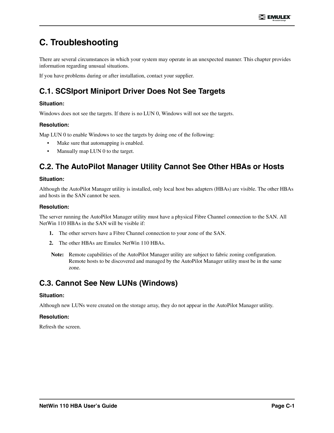 Emulex 110 manual Troubleshooting, SCSIport Miniport Driver Does Not See Targets, Cannot See New LUNs Windows 