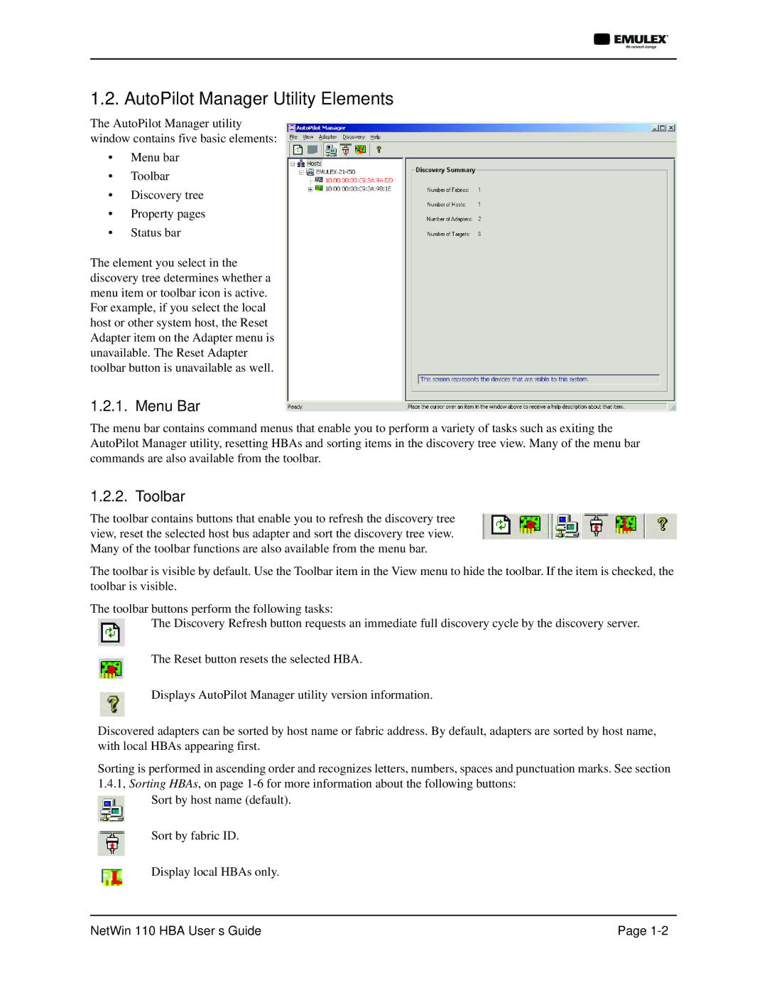 Emulex 110 manual AutoPilot Manager Utility Elements, Menu Bar, Toolbar 