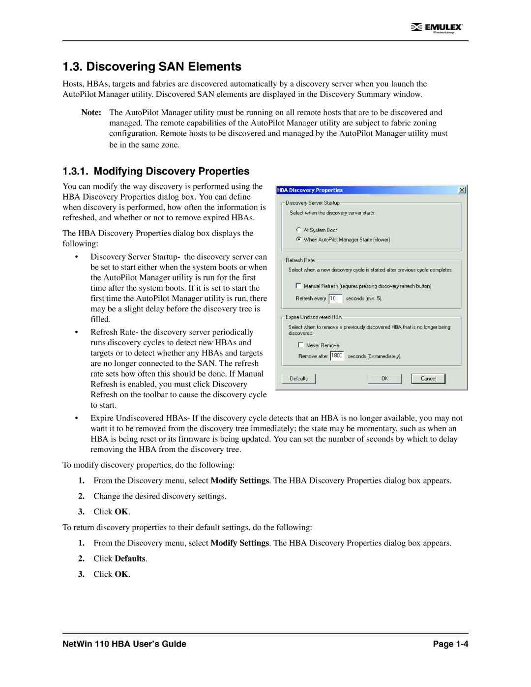 Emulex 110 manual Discovering SAN Elements, Modifying Discovery Properties 