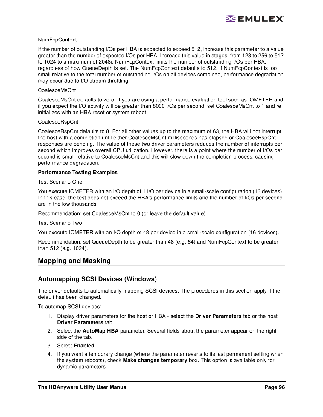 Emulex 3.4 user manual Mapping and Masking, Automapping Scsi Devices Windows, Performance Testing Examples 