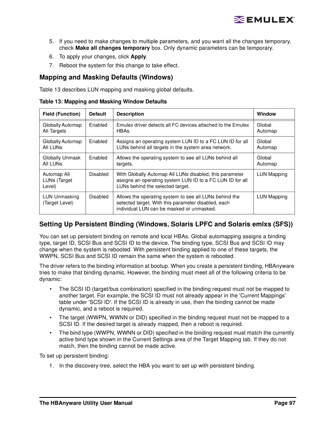 Emulex 3.4 user manual Mapping and Masking Defaults Windows, Mapping and Masking Window Defaults 