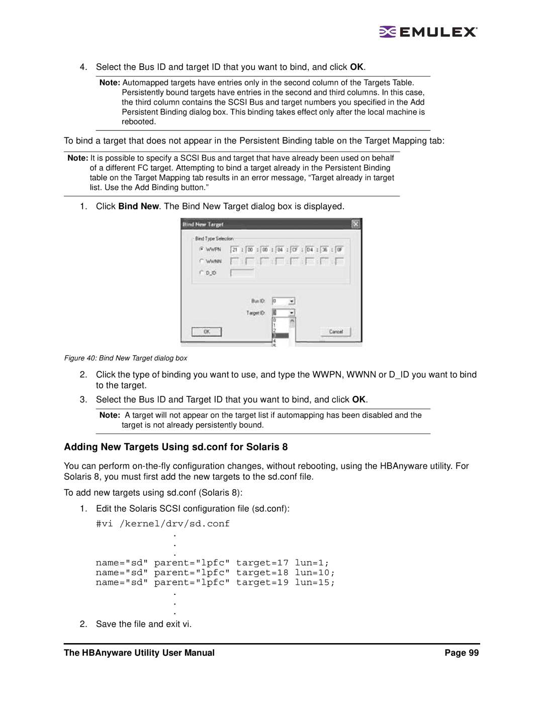 Emulex 3.4 user manual Adding New Targets Using sd.conf for Solaris, #vi /kernel/drv/sd.conf 