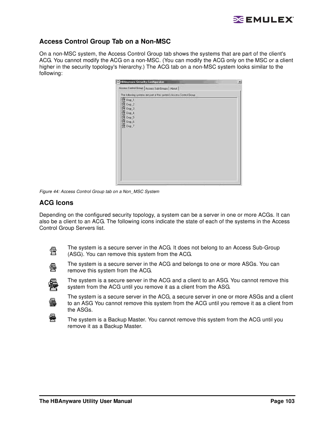 Emulex 3.4 user manual Access Control Group Tab on a Non-MSC, ACG Icons 