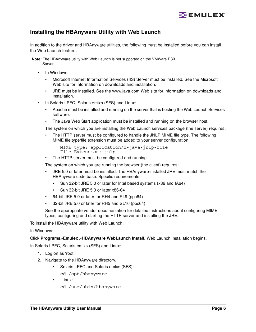 Emulex 3.4 Installing the HBAnyware Utility with Web Launch, Mime type application/x-java-jnlp-file File Extension jnlp 