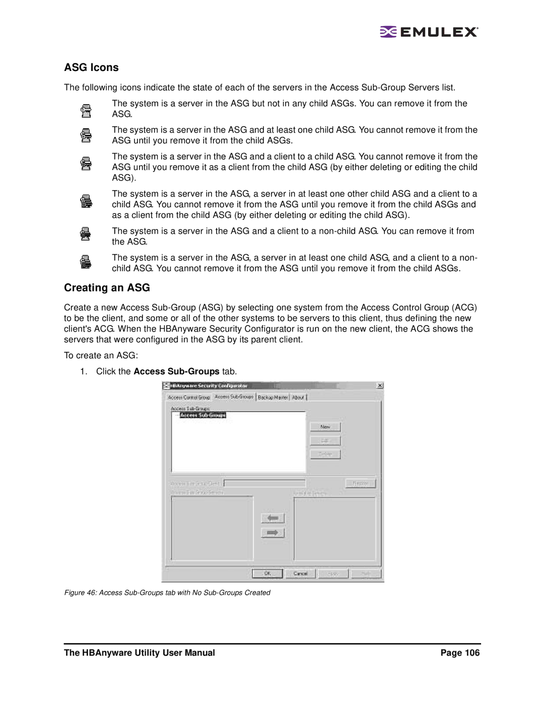 Emulex 3.4 user manual ASG Icons, Creating an ASG, Click the Access Sub-Groups tab 