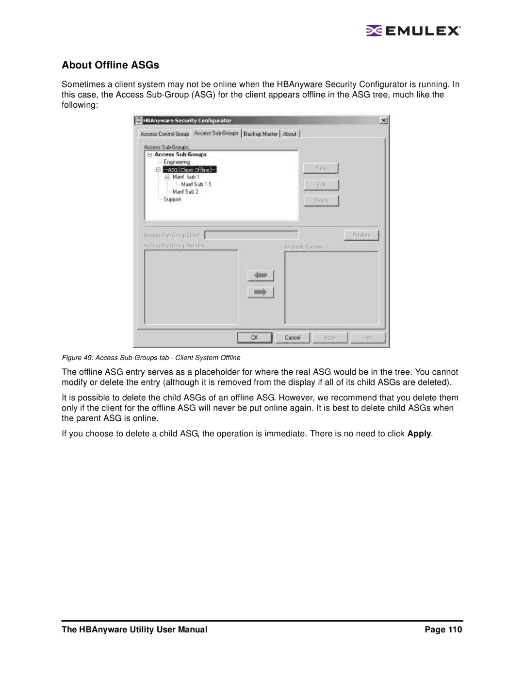 Emulex 3.4 user manual About Offline ASGs, Access Sub-Groups tab Client System Offline 