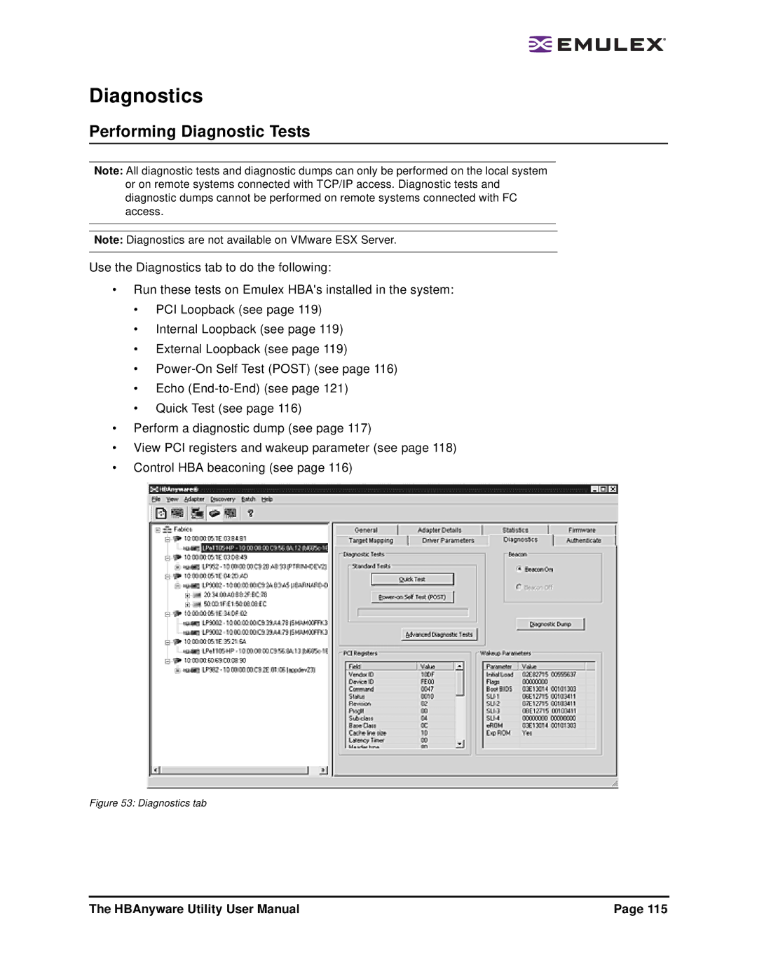 Emulex 3.4 user manual Diagnostics, Performing Diagnostic Tests 