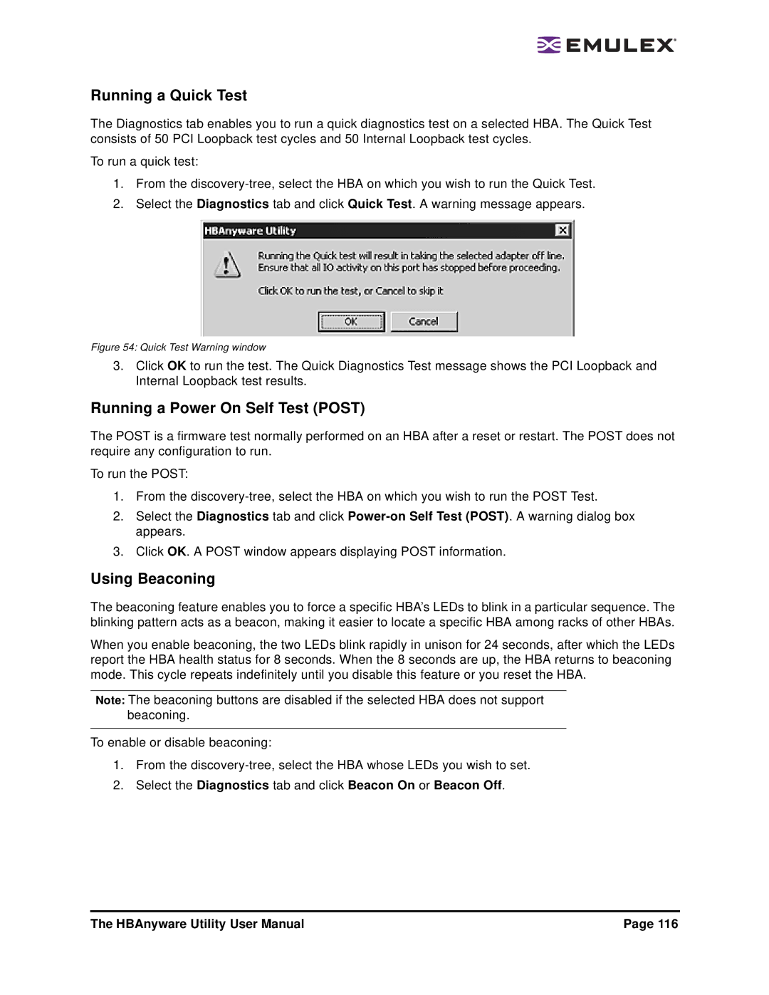 Emulex 3.4 user manual Running a Quick Test, Running a Power On Self Test Post, Using Beaconing 