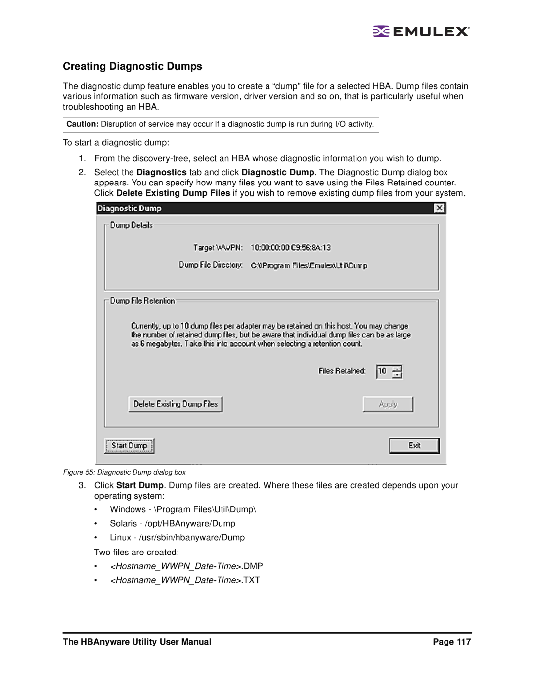 Emulex 3.4 user manual Creating Diagnostic Dumps, Diagnostic Dump dialog box 