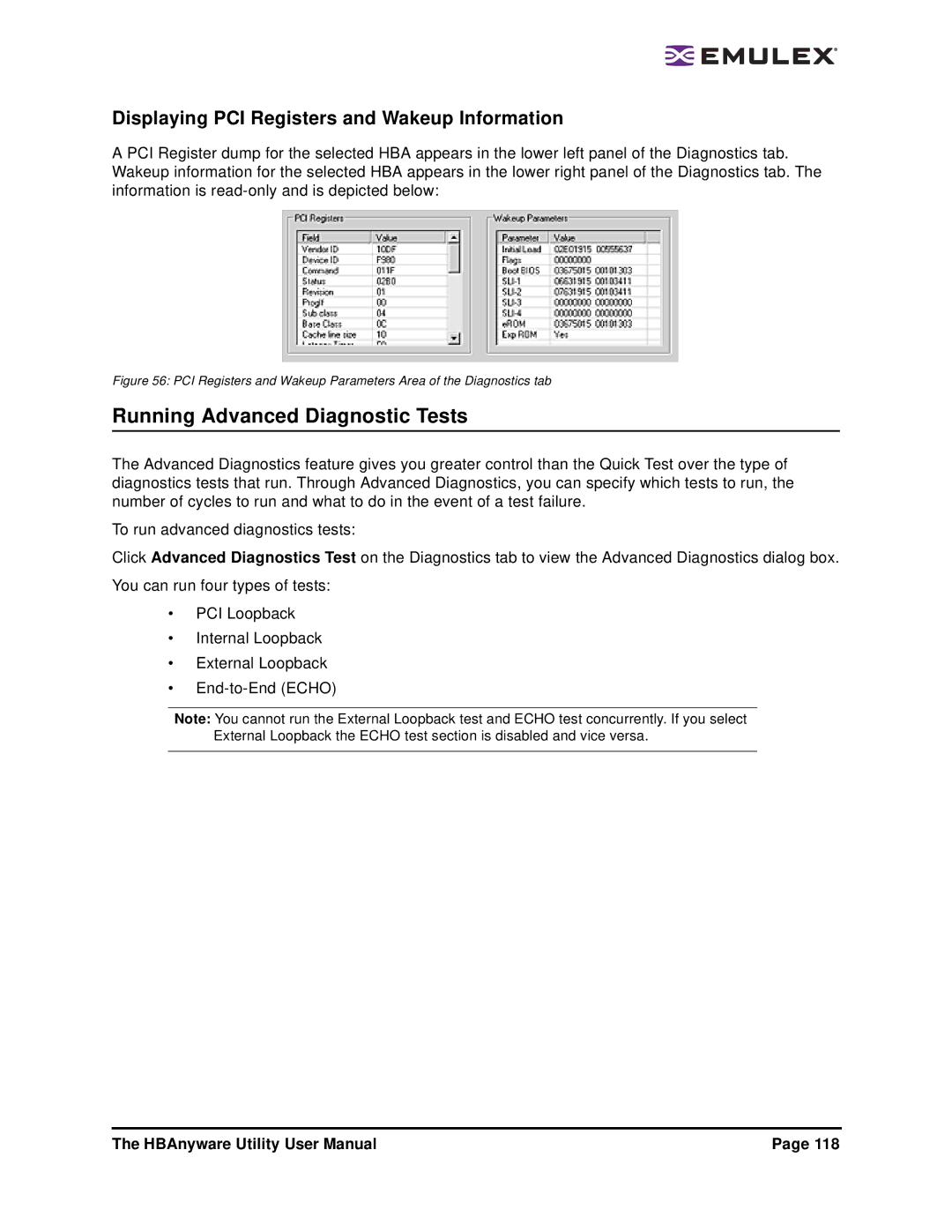 Emulex 3.4 user manual Running Advanced Diagnostic Tests, Displaying PCI Registers and Wakeup Information 