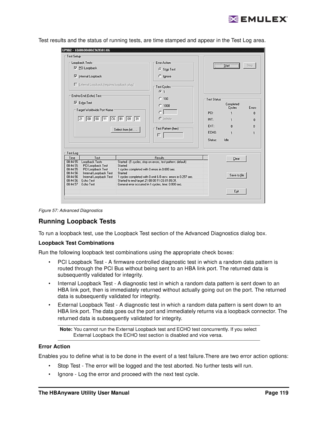 Emulex 3.4 user manual Running Loopback Tests, Loopback Test Combinations, Error Action 