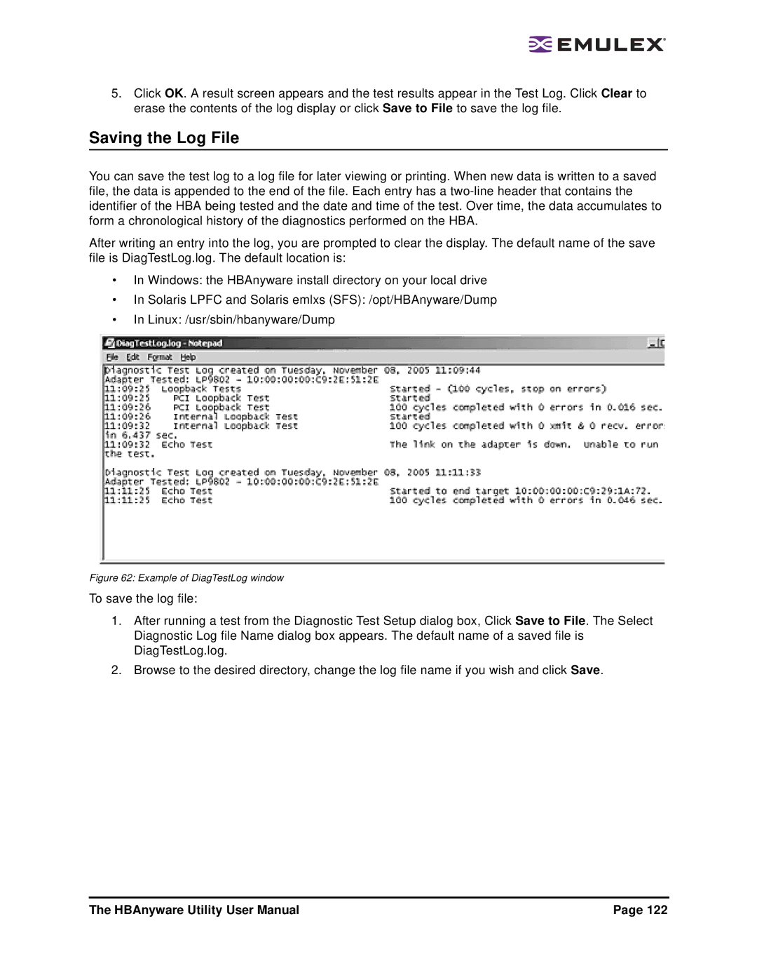 Emulex 3.4 user manual Saving the Log File, Example of DiagTestLog window 