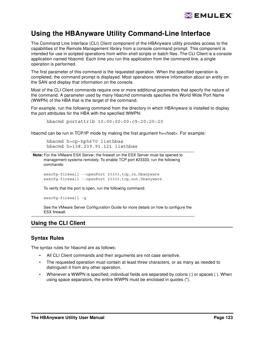 Emulex 3.4 user manual Using the CLI Client, Syntax Rules 