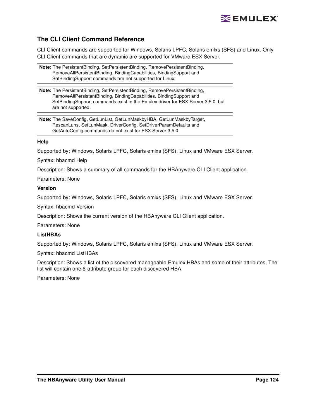 Emulex 3.4 user manual CLI Client Command Reference, Help, Version, ListHBAs 