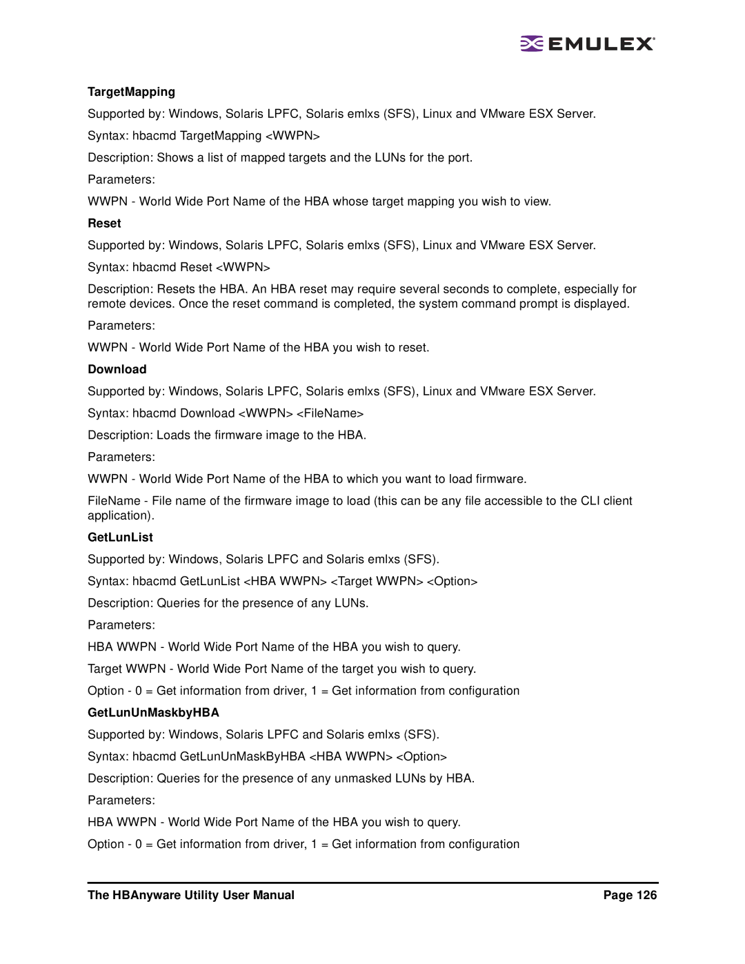 Emulex 3.4 user manual TargetMapping, Reset, Download, GetLunList, GetLunUnMaskbyHBA 