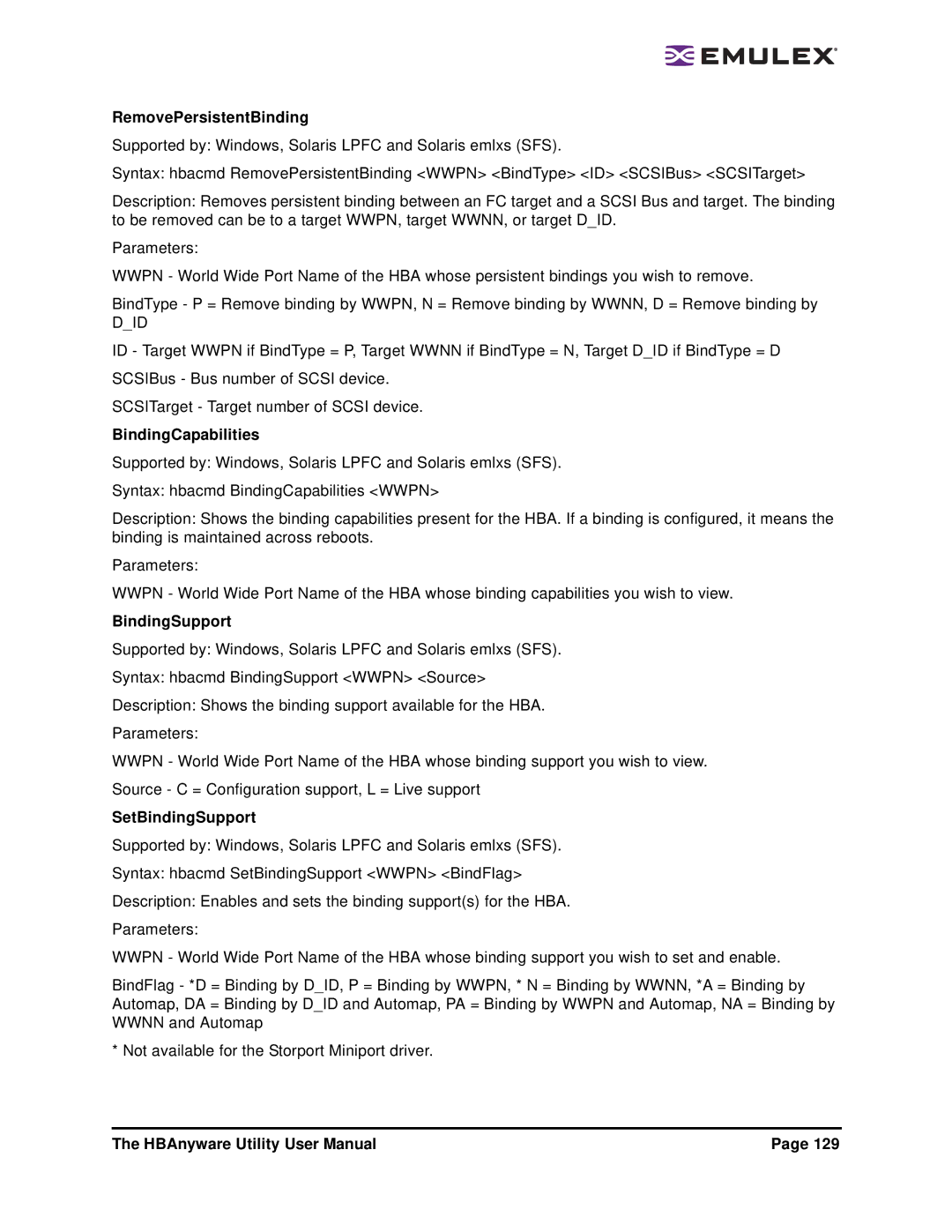 Emulex 3.4 user manual RemovePersistentBinding, BindingCapabilities, SetBindingSupport 