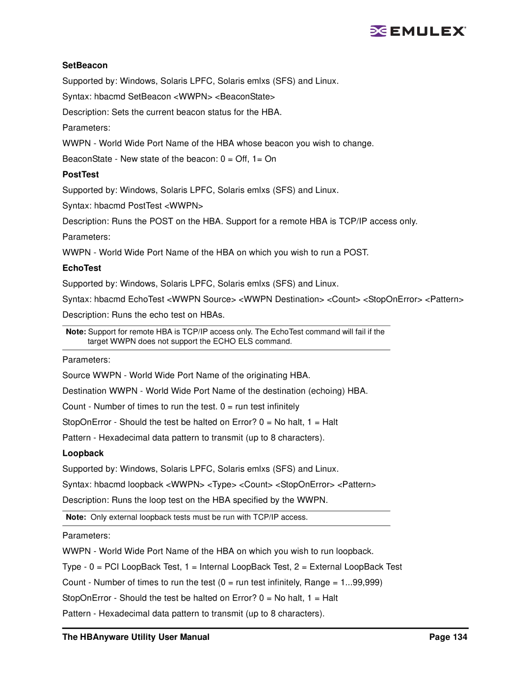 Emulex 3.4 user manual SetBeacon, PostTest, EchoTest, Loopback 