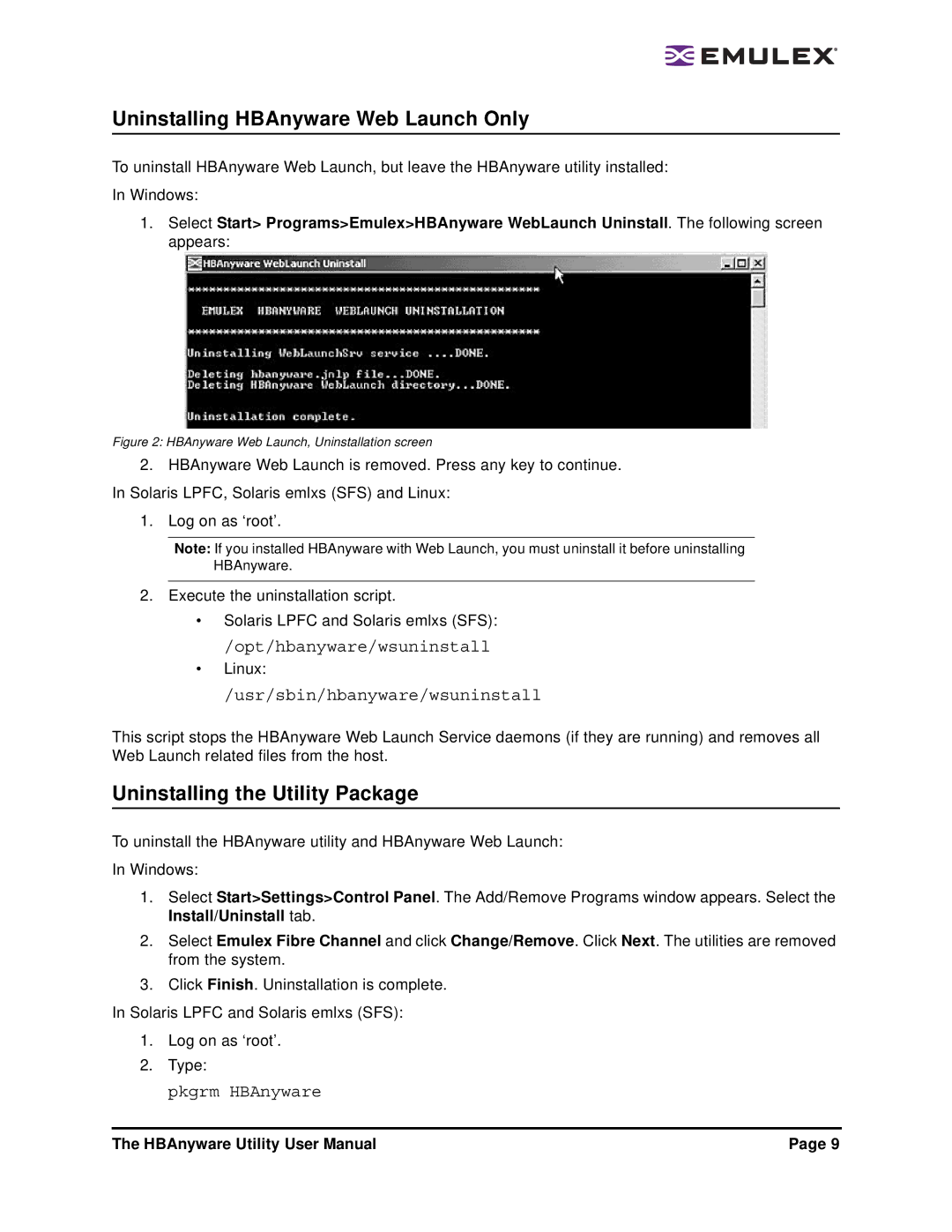 Emulex 3.4 user manual Uninstalling HBAnyware Web Launch Only, Uninstalling the Utility Package 