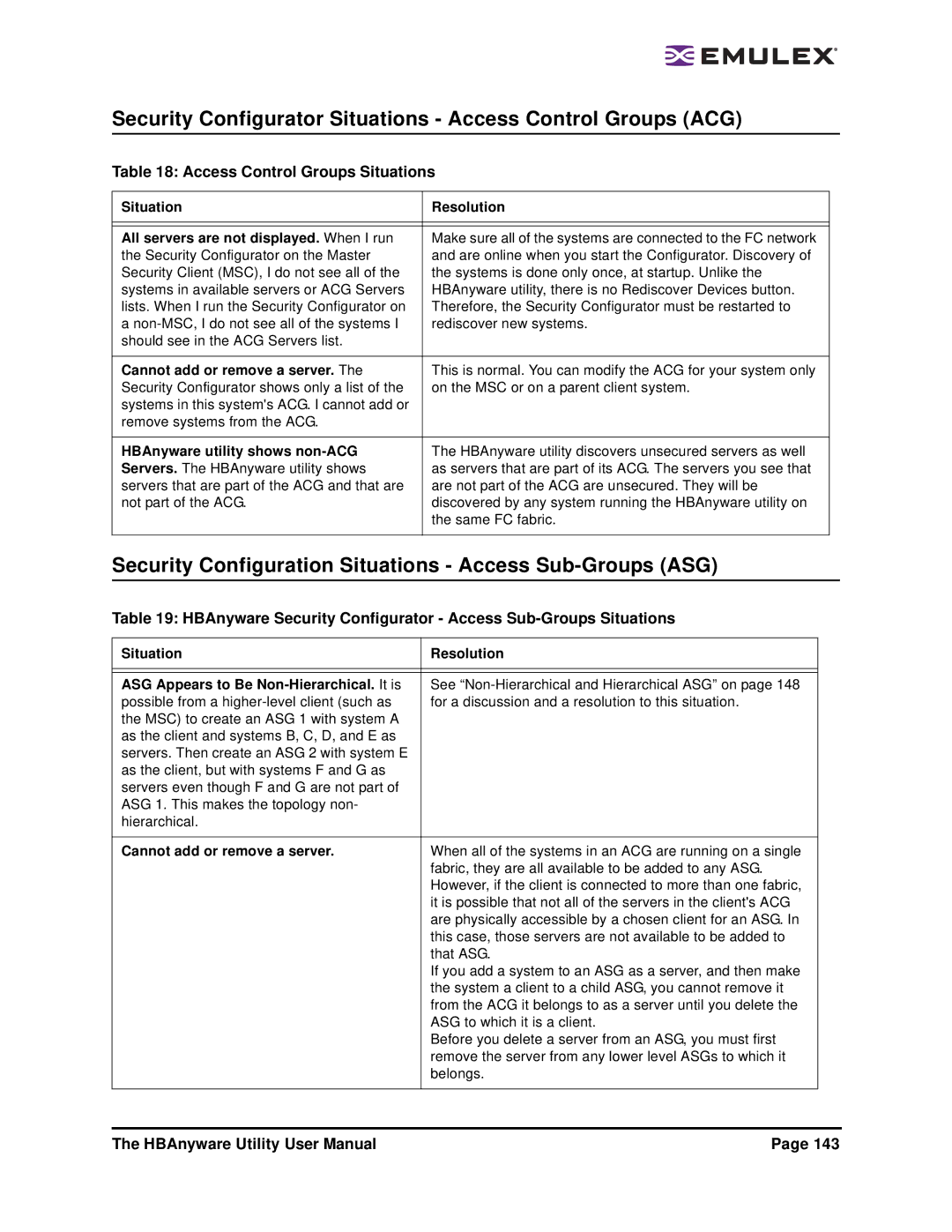 Emulex 3.4 user manual Security Configurator Situations Access Control Groups ACG, Access Control Groups Situations 