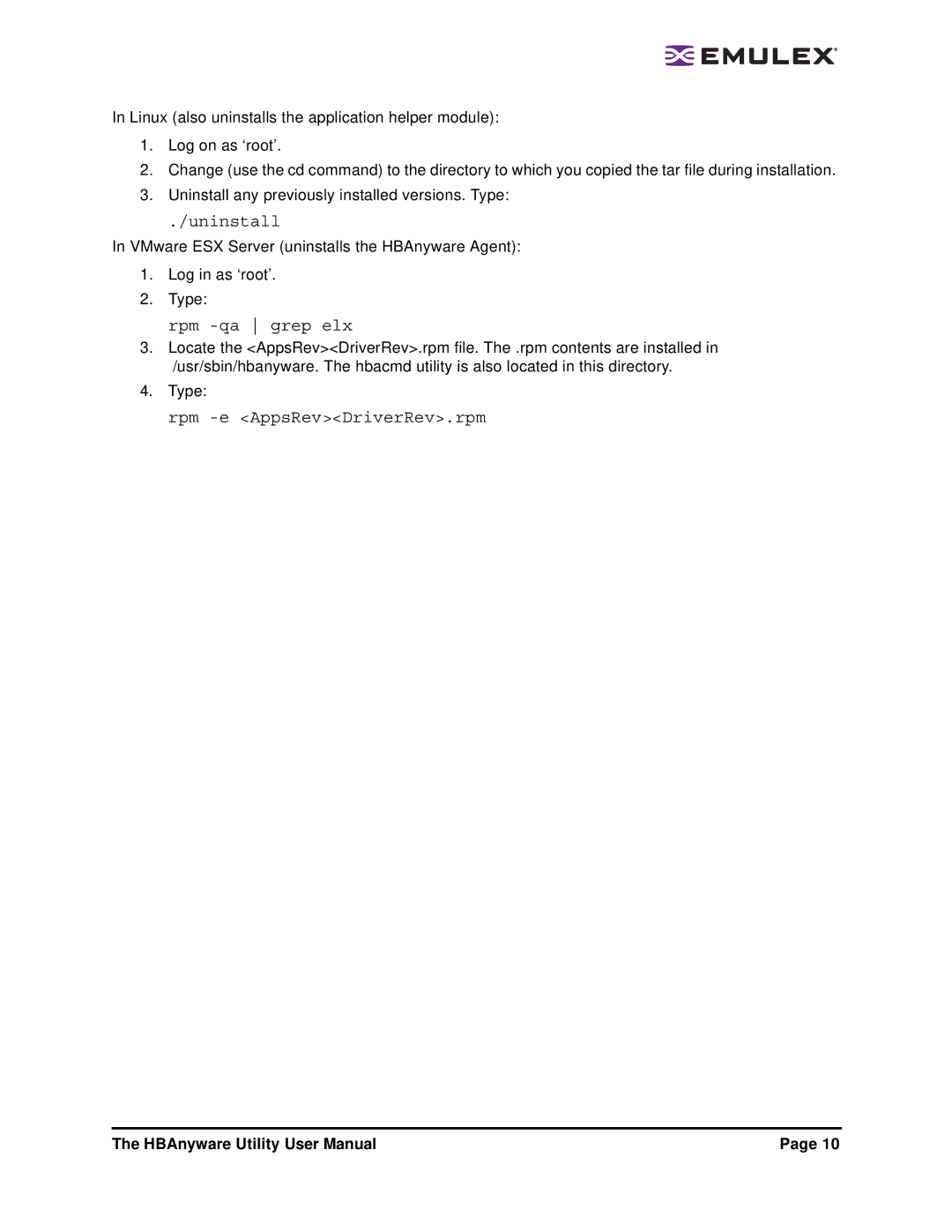 Emulex 3.4 user manual Rpm -e AppsRevDriverRev.rpm 