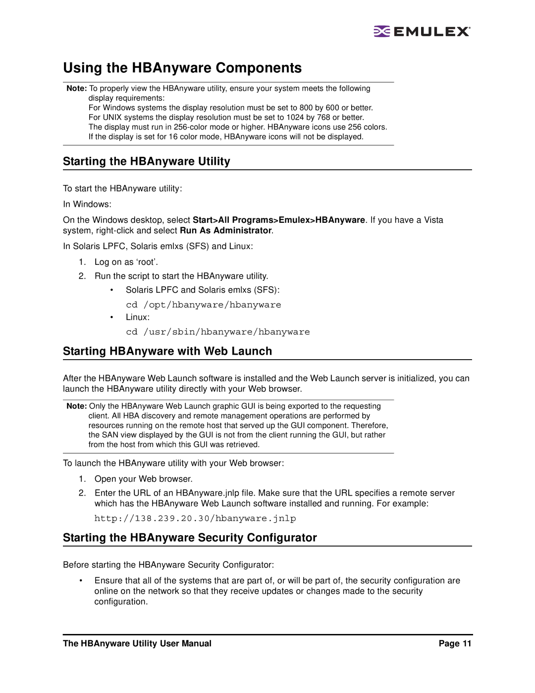 Emulex 3.4 user manual Starting the HBAnyware Utility, Starting HBAnyware with Web Launch 