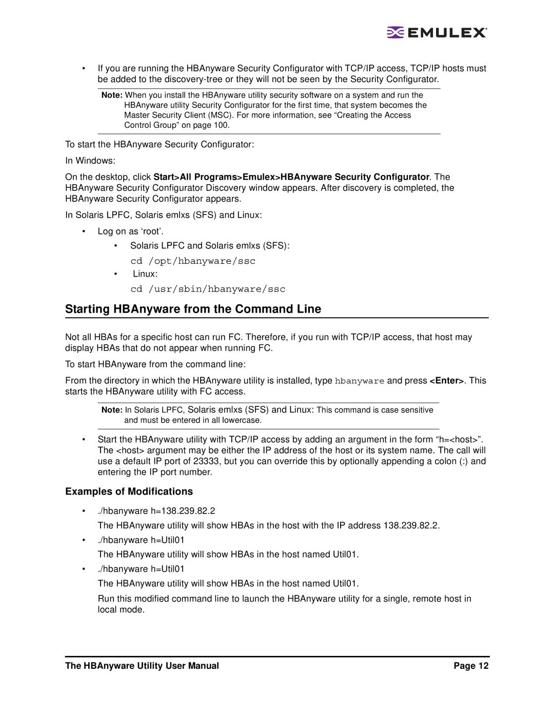 Emulex 3.4 user manual Starting HBAnyware from the Command Line, Examples of Modifications 