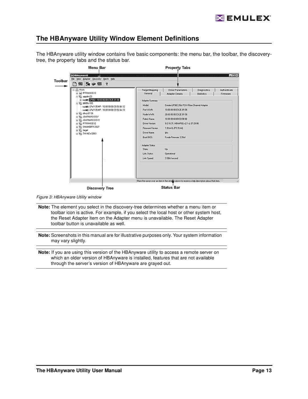 Emulex 3.4 user manual HBAnyware Utility Window Element Definitions, HBAnyware Utility window 