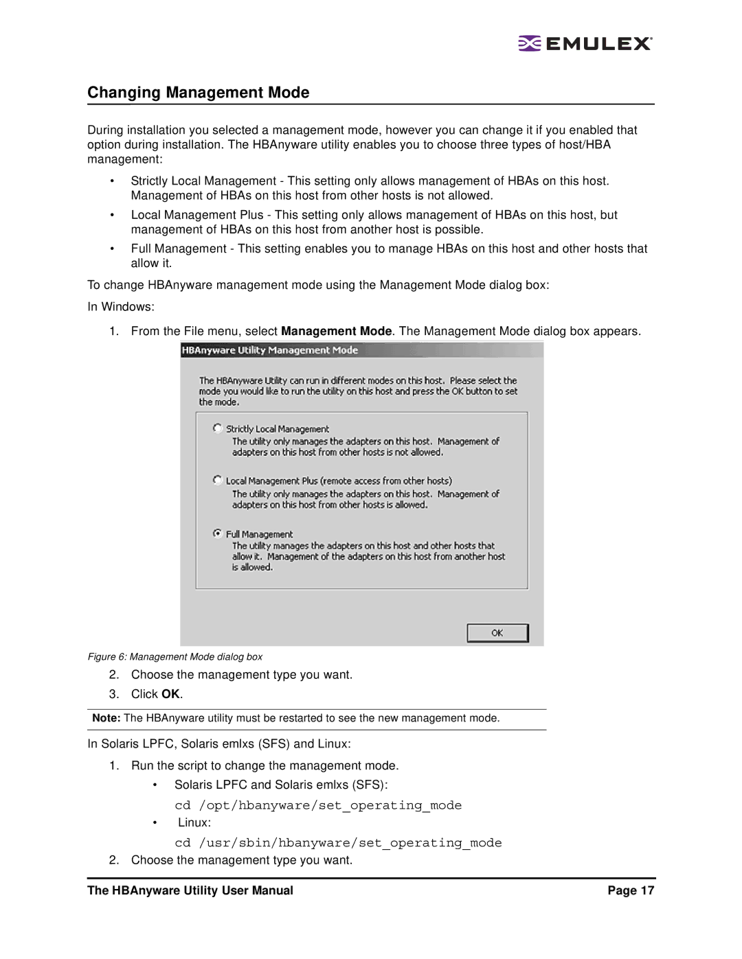 Emulex 3.4 user manual Changing Management Mode, Management Mode dialog box 