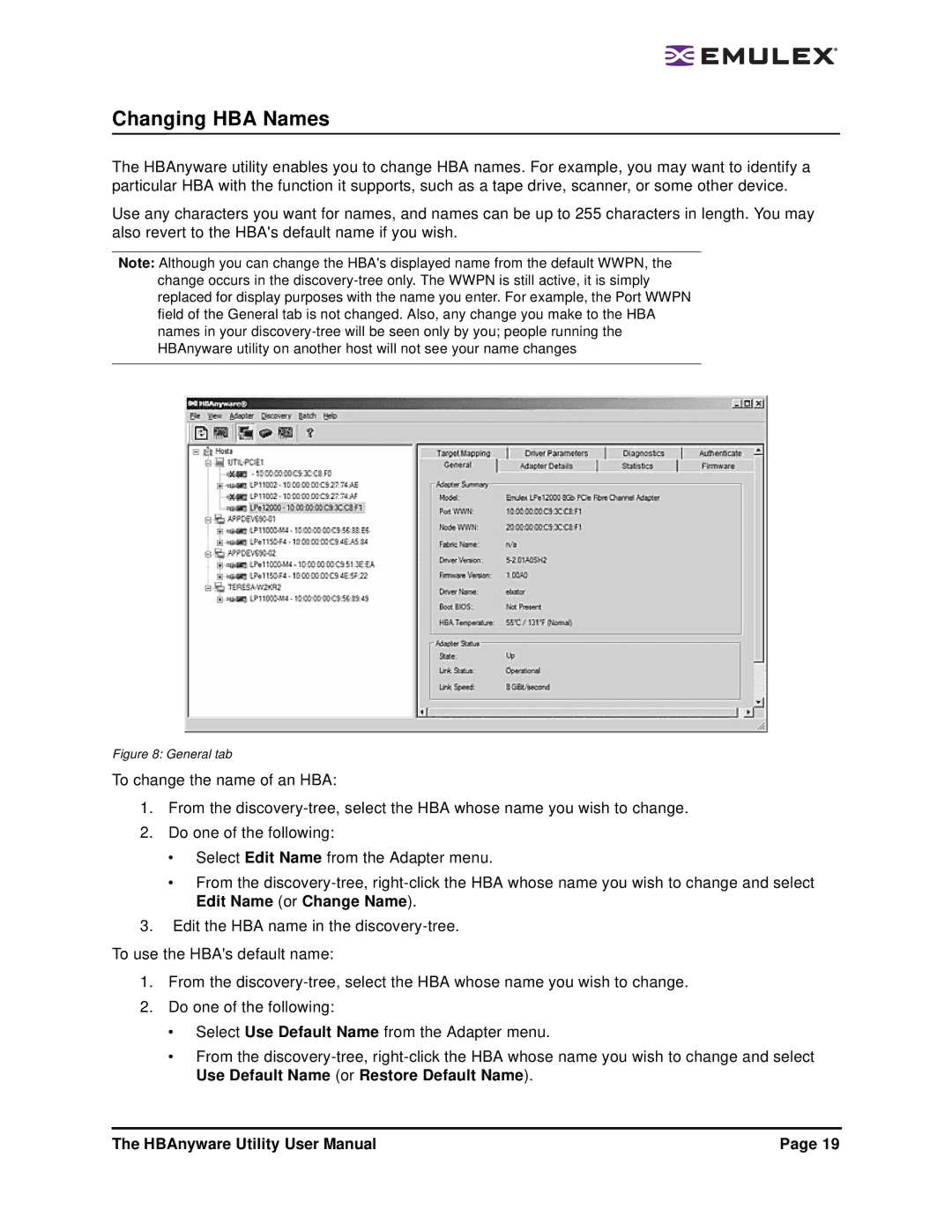 Emulex 3.4 user manual Changing HBA Names, General tab 