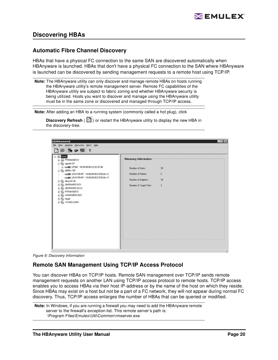 Emulex 3.4 Discovering HBAs, Automatic Fibre Channel Discovery, Remote SAN Management Using TCP/IP Access Protocol 