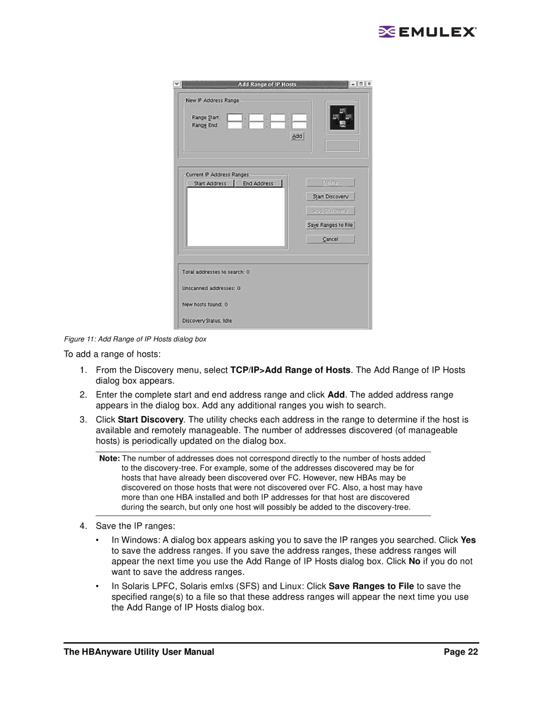 Emulex 3.4 user manual Add Range of IP Hosts dialog box 