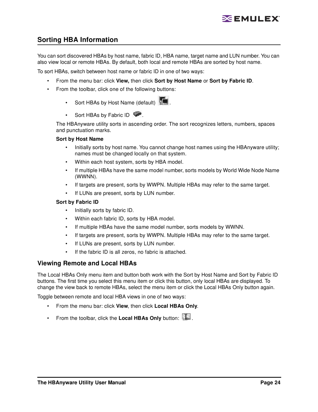 Emulex 3.4 user manual Sorting HBA Information, Viewing Remote and Local HBAs, Sort by Host Name, Sort by Fabric ID 