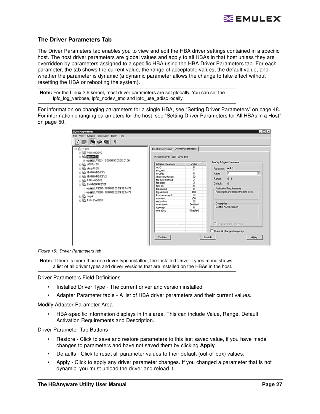 Emulex 3.4 user manual Driver Parameters Tab, Driver Parameters tab 