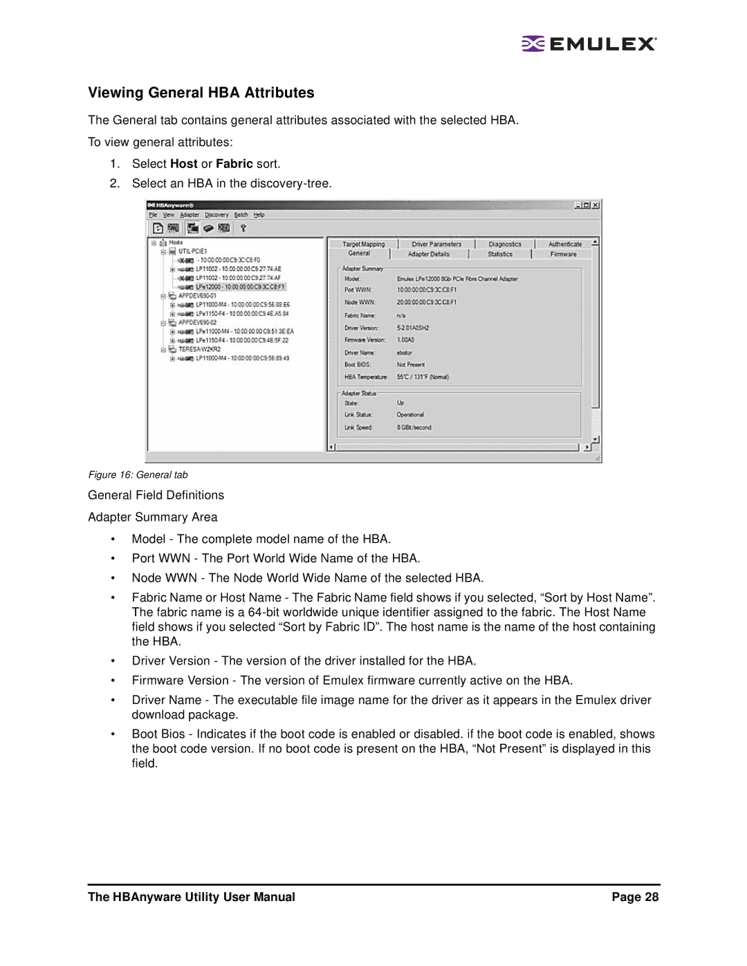 Emulex 3.4 user manual Viewing General HBA Attributes, General tab 