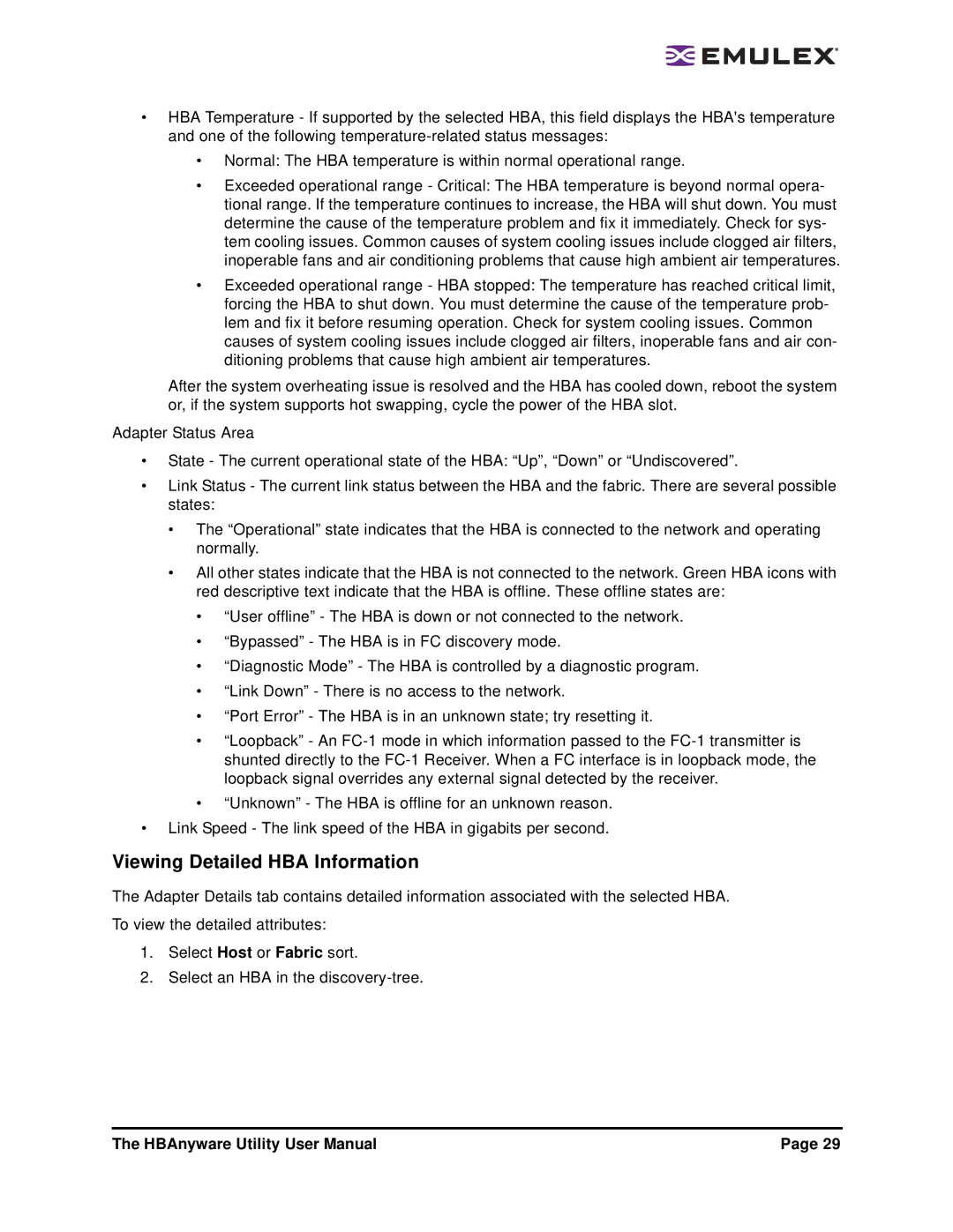 Emulex 3.4 user manual Viewing Detailed HBA Information 